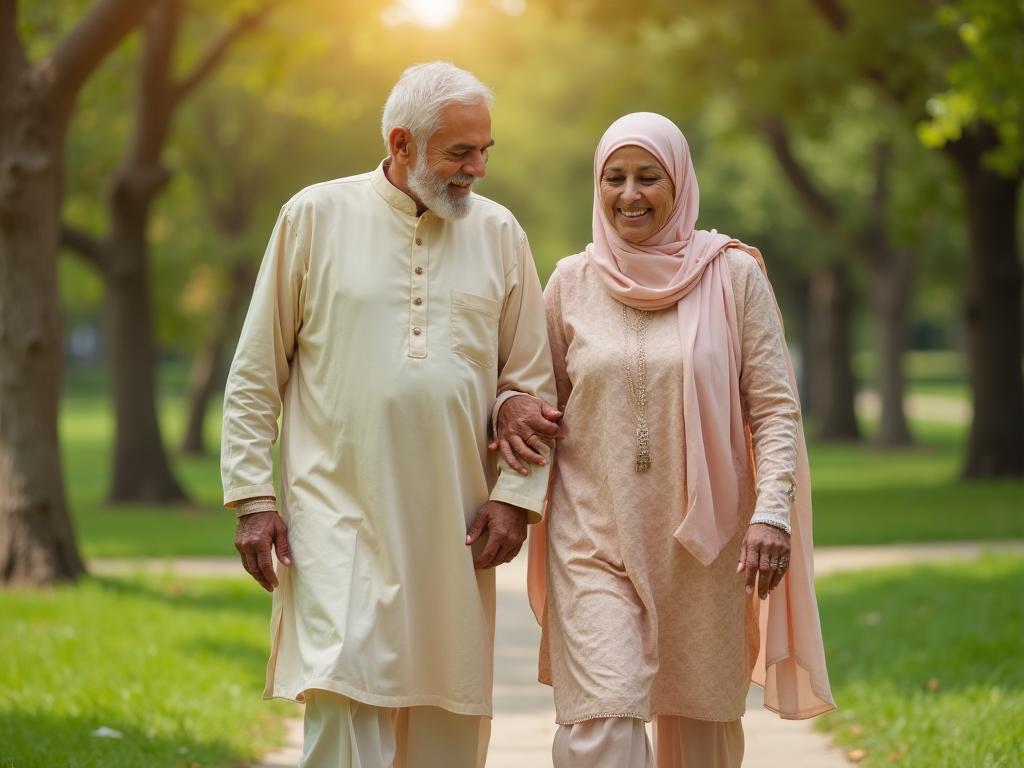 Happy Pakistani couple walking together after successful knee surgery recovery